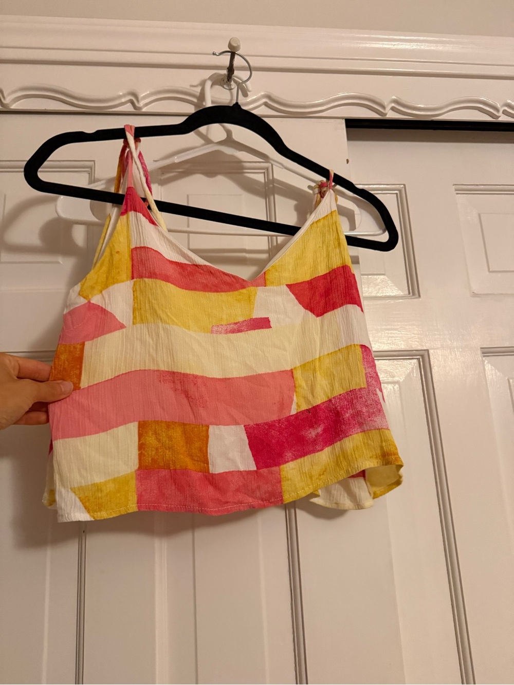 Colorblock Tie-Shoulder Cropped Tank Top - Pink, Yellow & White